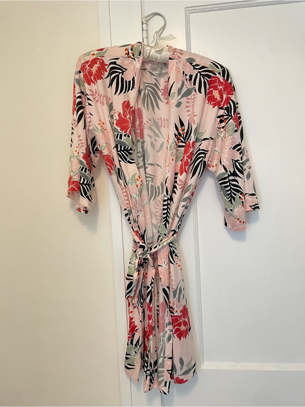 Women's Pink Floral Satin Robe with Tie Belt